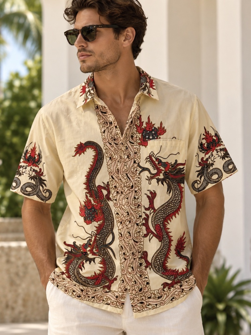 Vintage JW Singapore Dragon Shirt Men’s Medium Cotton Asian Batik Button Up